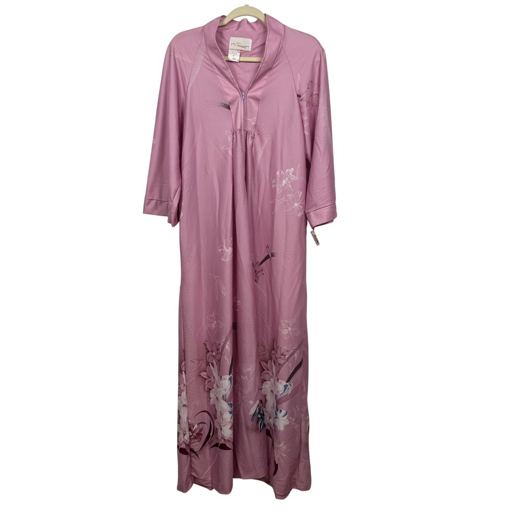 VTG TV Loungers Pink L Floral Zip Robe House Coat Dress 70s Hippie‎ Boho Kimono